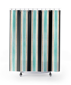 Striped Pattern Shower Curtain, Black, Aqua And Gold Glitter Stripes Decor, Boho Bath Curtain, Vertical Stripes