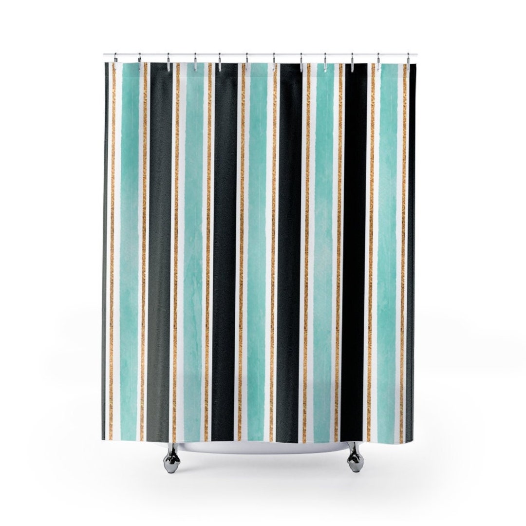 Striped Pattern Shower Curtain, Black, Aqua And Gold Glitter Stripes Decor, Boho Bath Curtain, Vertical Stripes
