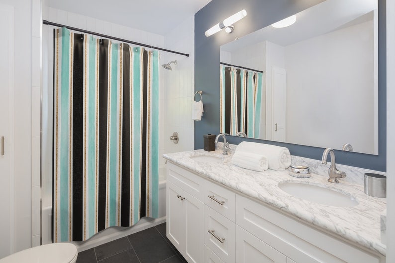 Striped Pattern Shower Curtain, Black, Aqua And Gold Glitter Stripes Decor, Boho Bath Curtain, Vertical Stripes - Image 2