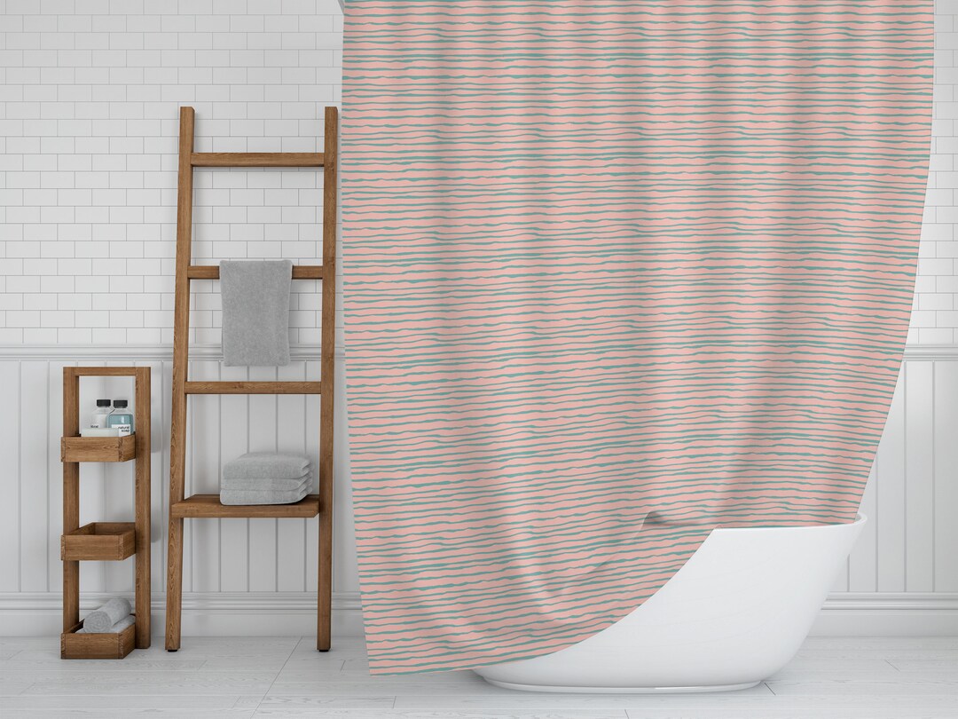 Stripes Bath Curtain, Coral And Turquoise Printed Shower Curtain, Unique Colorful Bath Decor, Coastal Beach House Decor Gift, Modern Home Gift