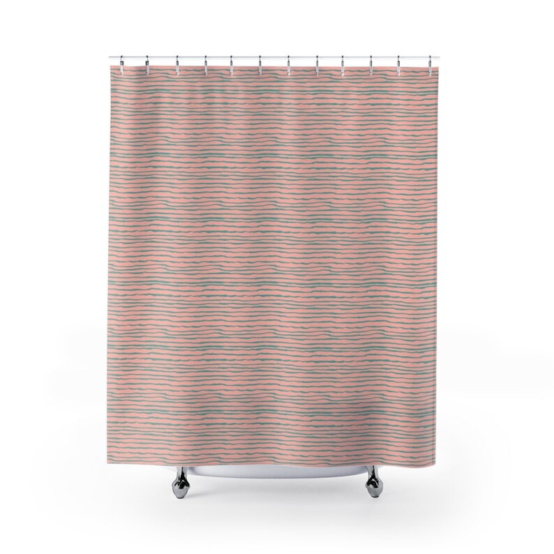 Stripes Bath Curtain, Coral And Turquoise Printed Shower Curtain, Unique Colorful Bath Decor, Coastal Beach House Decor Gift, Modern Home Gift - Image 2