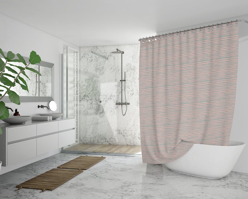 Stripes Bath Curtain, Coral And Turquoise Printed Shower Curtain, Unique Colorful Bath Decor, Coastal Beach House Decor Gift, Modern Home Gift - Image 4