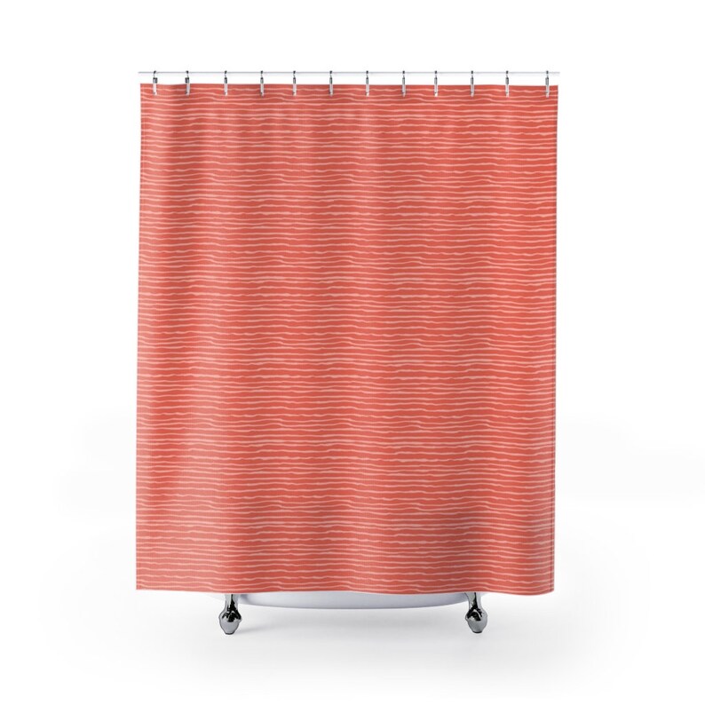 Stripes Shower Curtain, Coral Peach Pink Fabric Printed Bath Curtain, Unique Colorful Bath Decor, Beach House Decor, New House Gift - Image 2