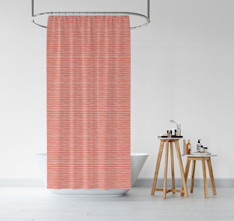 Stripes Shower Curtain, Coral Peach Pink Fabric Printed Bath Curtain, Unique Colorful Bath Decor, Beach House Decor, New House Gift - Image 3