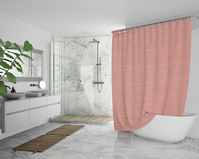 Stripes Shower Curtain, Coral Peach Pink Fabric Printed Bath Curtain, Unique Colorful Bath Decor, Beach House Decor, New House Gift - Image 4