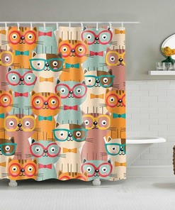 Stylish Cat Shower Curtain, Cute Cat Wearing Glasses Animal Fabric Bathroom Curtain House Warming Gift Cat Lovers