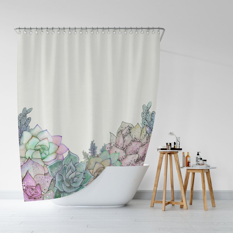 Succulents Shower Curtain, Boho Shower Curtain, , Watercolor Botanical Bathroom Decor, Nature Home Interorior Design - Image 2