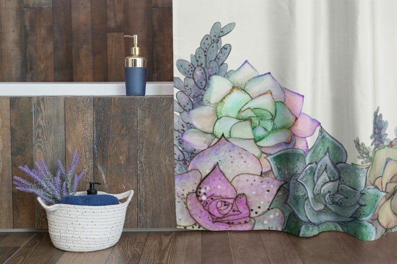 Succulents Shower Curtain, Boho Shower Curtain, , Watercolor Botanical Bathroom Decor, Nature Home Interorior Design - Image 4