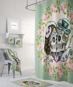 Sugar Skull Couple Shower Curtain, Green Skull Curtain, Skull Bathroom Decor, Kissing Skulls
