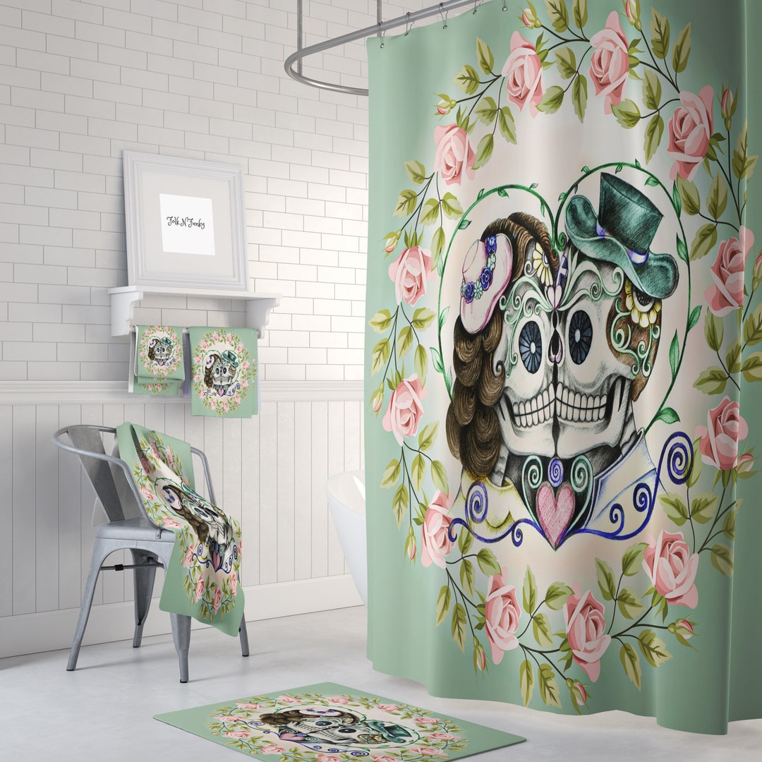 Sugar Skull Couple Shower Curtain, Green Skull Curtain, Skull Bathroom Decor, Kissing Skulls