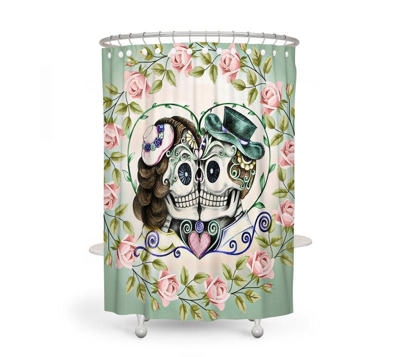 Sugar Skull Couple Shower Curtain, Green Skull Curtain, Skull Bathroom Decor, Kissing Skulls - Image 2