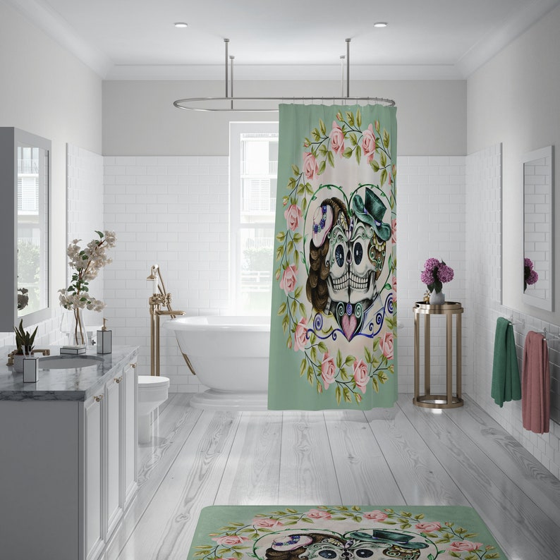 Sugar Skull Couple Shower Curtain, Green Skull Curtain, Skull Bathroom Decor, Kissing Skulls - Image 3