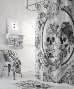 Sugar Skull Forever More Shower Curtain, Skull Bathroom Decor, Skull Couple