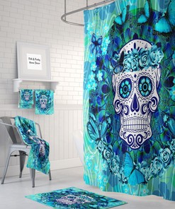 Sugar Skull Shower Curtain, Butterflies Teal Blue, Bath, Towels