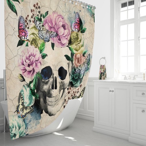 Sugar Skull Shower Curtain Butterfly Floral Vintage Inspired
