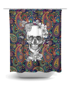 Sugar Skull Shower Curtain Day Of The Dead, Bathroom Decor, Blue Paisley