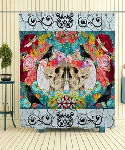 Sugar Skull Shower Curtain, Day Of The Dead, Crackled Floral Crows SkullsAntiquated Love