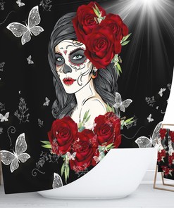 Sugar Skull Shower Curtain, Day Of The Dead Girl Skull, Red Roses