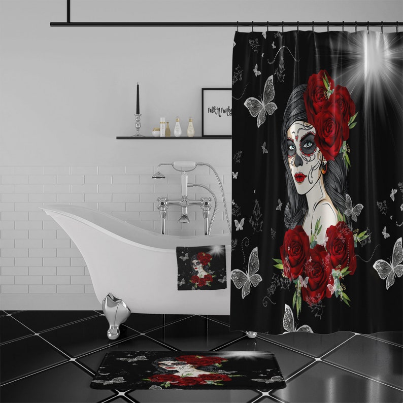 Sugar Skull Shower Curtain, Day Of The Dead Girl Skull, Red Roses - Image 2
