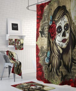 Sugar Skull Shower Curtain, Day Of The Dead, Red Rose La Rosa