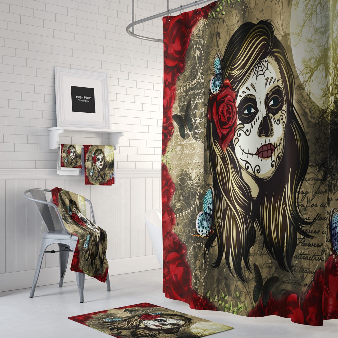 Sugar Skull Shower Curtain, Day Of The Dead, Red Rose La Rosa