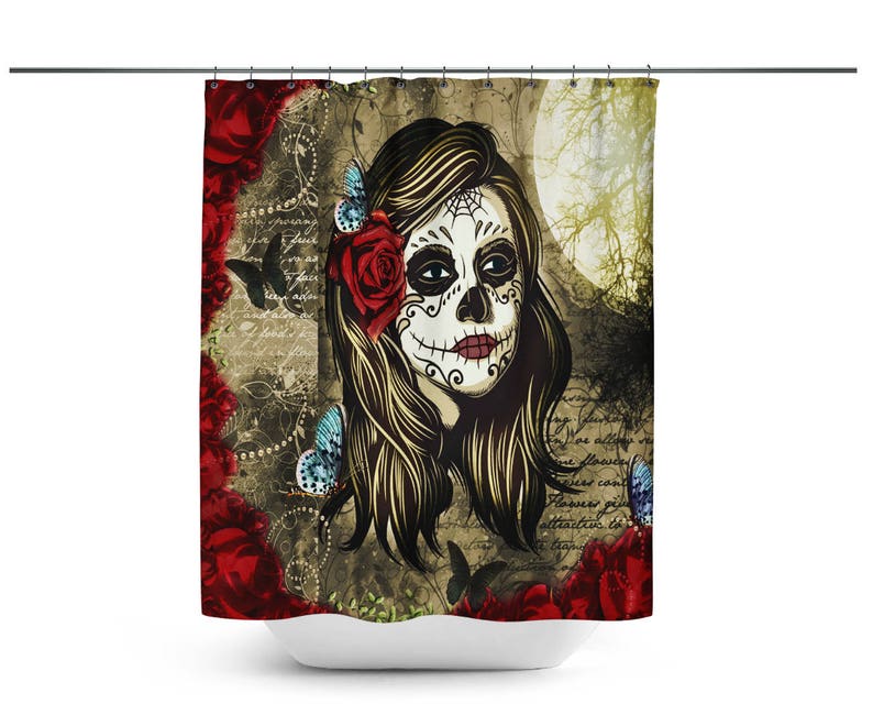 Sugar Skull Shower Curtain, Day Of The Dead, Red Rose La Rosa - Image 2