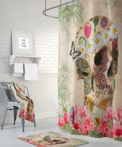 Sugar Skull Shower Curtain, Day Of The Dead, Retro Boho Hippie Skull, Bath, Bath Towels, Sugar Skull Bath Set