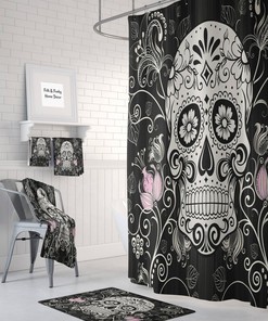 Sugar Skull Shower Curtain -Day Of The Dead-Black, White, Pink Thistle Floral