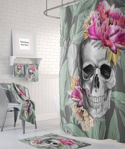 Sugar Skull Shower Curtain -Day Of The Dead-Floral -Optional Bath Mat, Bath Towels