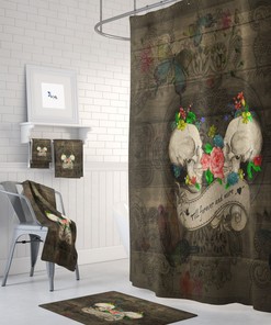 Sugar Skull Shower Curtain, Forevermore Skulls, Bath Towel, Bath Mat, Vintage Skulls