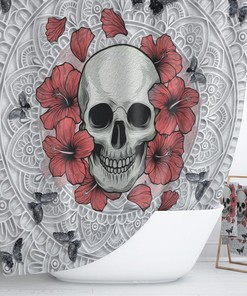 Sugar Skull, Shower Curtain, Poppies Floral, Butterfly, Skull Bathroom Decor