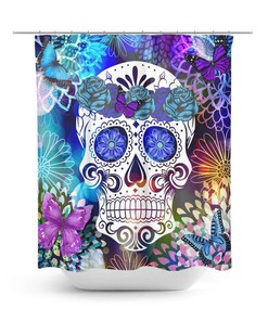 Sugar Skull Shower Curtain, Skull Bathroom Decor, Day Of The Dead, Flowers and Butterflies