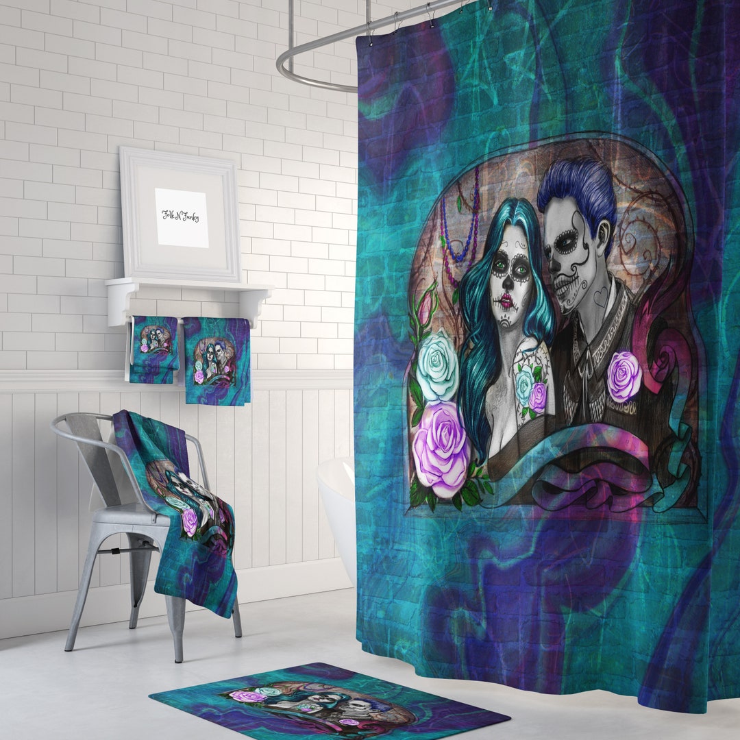 Sugar Skull Shower Curtain, Skull Bathroom Decor, Skull Couple