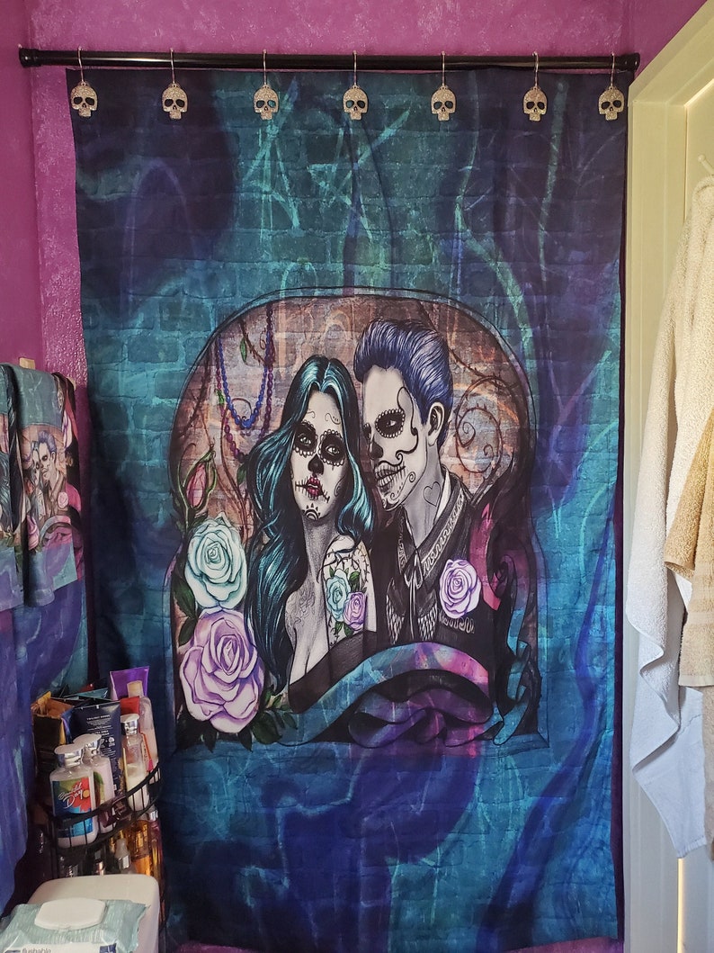Sugar Skull Shower Curtain, Skull Bathroom Decor, Skull Couple - Image 2