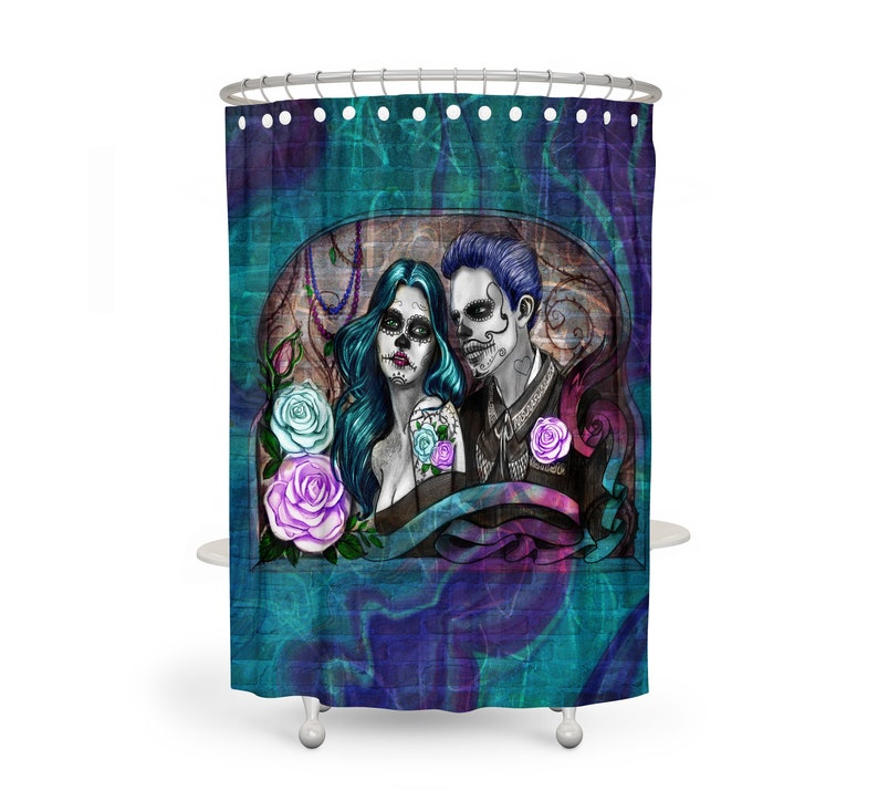 Sugar Skull Shower Curtain, Skull Bathroom Decor, Skull Couple - Image 3