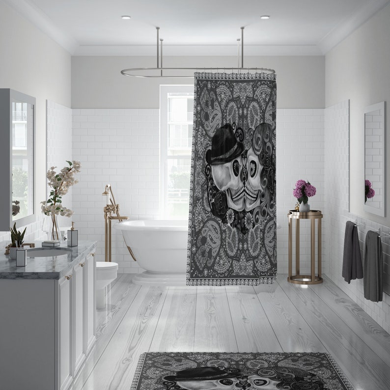 Sugar Skull Shower Curtain, Skull Couple - Image 3