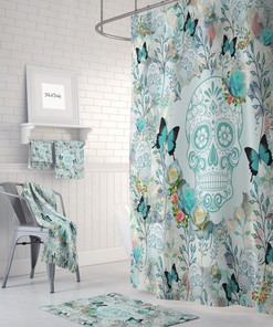 Sugar Skull Shower Curtain, Teal Floral Bathroom Decor