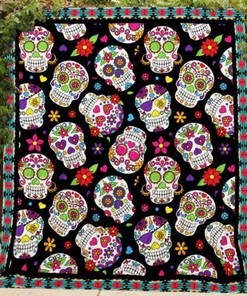 Sugar Skull With Flower Pattern Quilt Blanket Bedding Set Perfect Gifts For Skull Lover