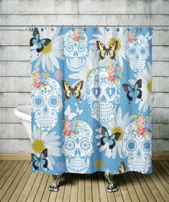 Sugar Skulls, Fabric Shower Curtains, Day of The Dead, Floral, Blue Butterflies
