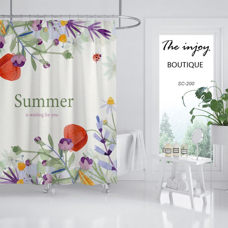 Summer Flowers Shower Curtain Set, Plant Floral Bathroom Decor, Waterproof Washable Bath Curtain For Home - Image 2