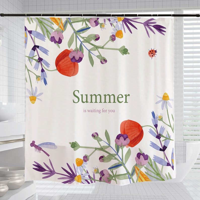 Summer Flowers Shower Curtain Set, Plant Floral Bathroom Decor, Waterproof Washable Bath Curtain For Home - Image 3
