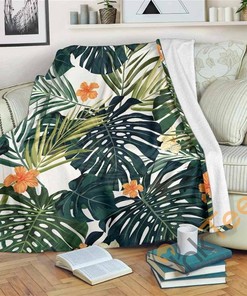 Summer Hawaiian Leaves Pattern Sherpa Fleece Blanket Gifts for Family, for Couple