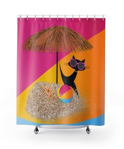 Summer Vibes, Beach, Tiki Umbrella, Atomic Mod Cat, Groovy, Beach Ball, Starfish Retro Mid Mod Shower Curtain
