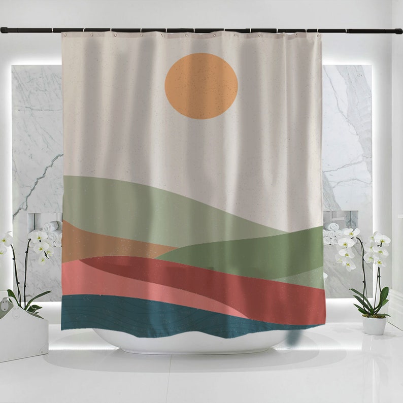 Sun And Montain, Cream Sky Field Shower Curtain, Waterproof Extra Heavy Quality Curtains, Home Decor, Modern Art Landscape - Image 2