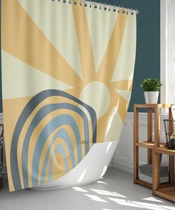 Sun And Rainbow Boho Shower Curtain, Bohemian Minimalist Morning Sunrise Fabric Bathroom Curtain, Home Bathroom Set Decor