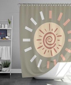 Sun Boho Shower Curtain, Bohemian Minimalist Morning Sunrise Fabric Bathroom Curtain And Mat, Housewarming Gift