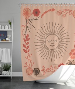Sun Floral Boho Shower Curtain, Flowers Sunrise Pink Fabric Vintage Bathroom Curtain Curtain, House Warming Gift