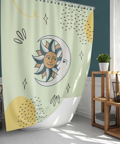 Sun Moon Celestial Shower Curtain, Bohemian Boho Vintage Retro Fabric Bathroom Curtain And, House Warming Gift