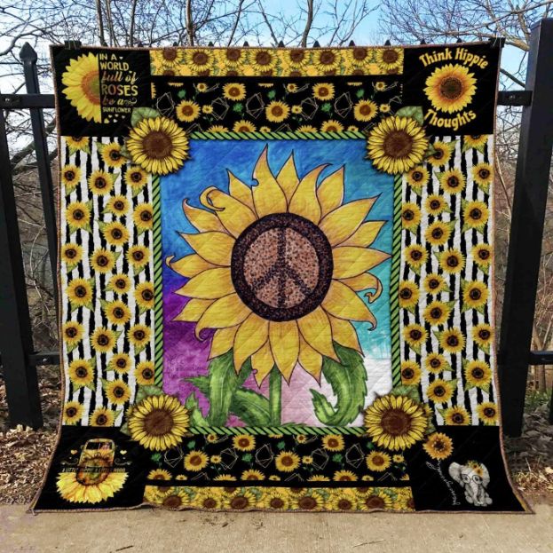 Sunflower Hippie Peace Sign Quilt Blanket Bedding Set Perfect Gifts For Sunflower Lover