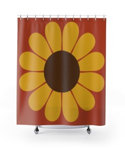 Sunflower Shower Curtain, Burnt Orange Gold and Brown Retro Floral Boho Shower Curtain, Retro Bathroom Decor